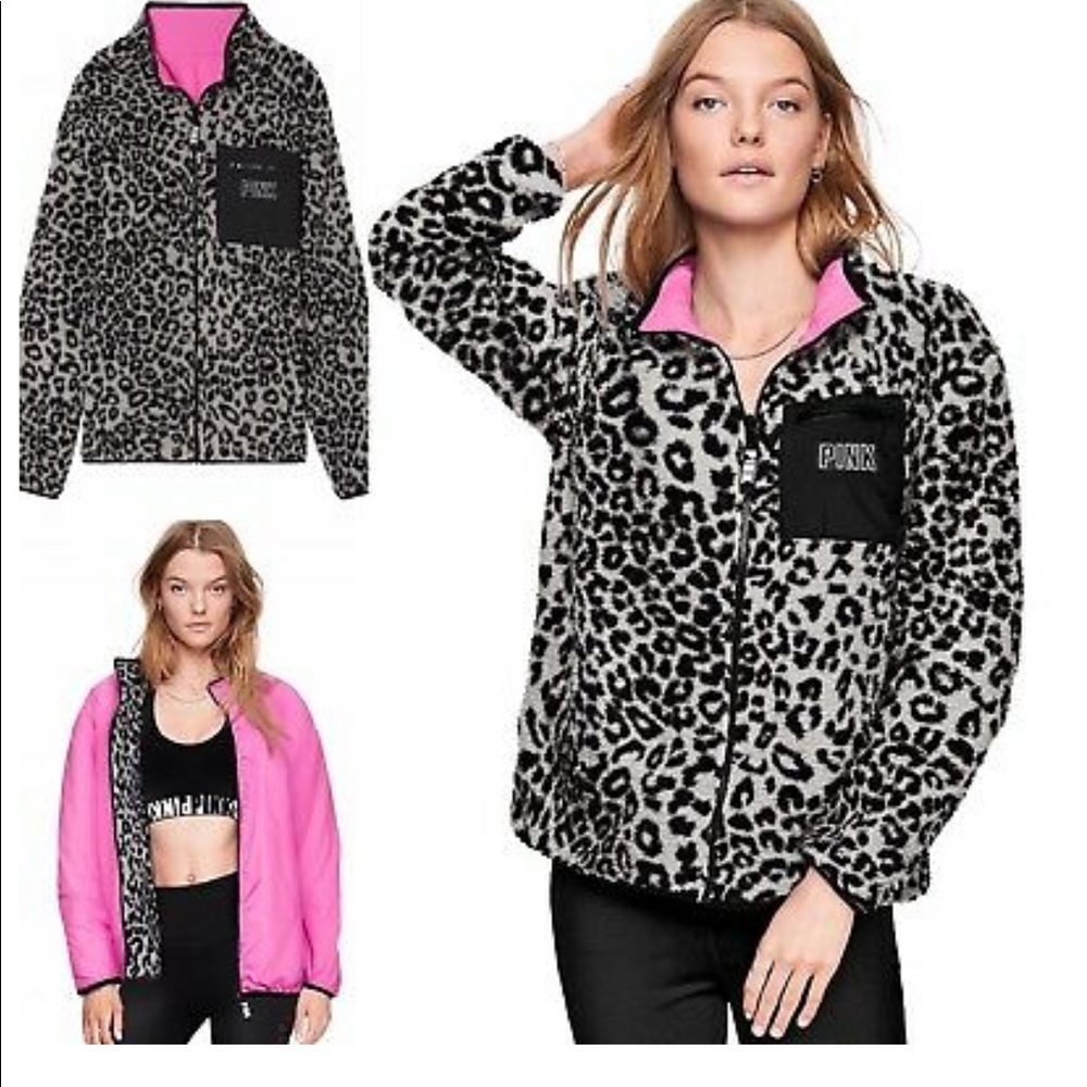 VS PINK Reversible  Sherpa Jacket Leopard and Pink Size Small